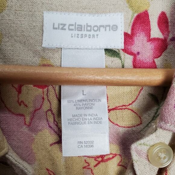 Liz Claiborne Vintage Blouse Women Large Linen Floral Button Cottage Preppy Boho - Picture 6 of 8